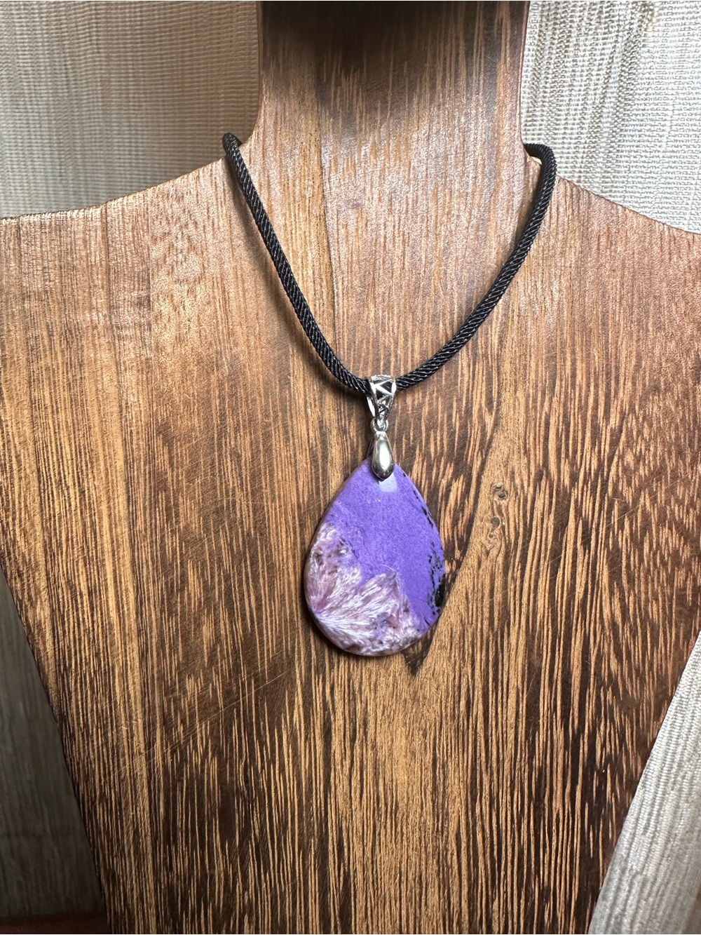Charoite Teardrop Necklace on Sterling Silver Bail and Black Rope - Picture 9 of 14
